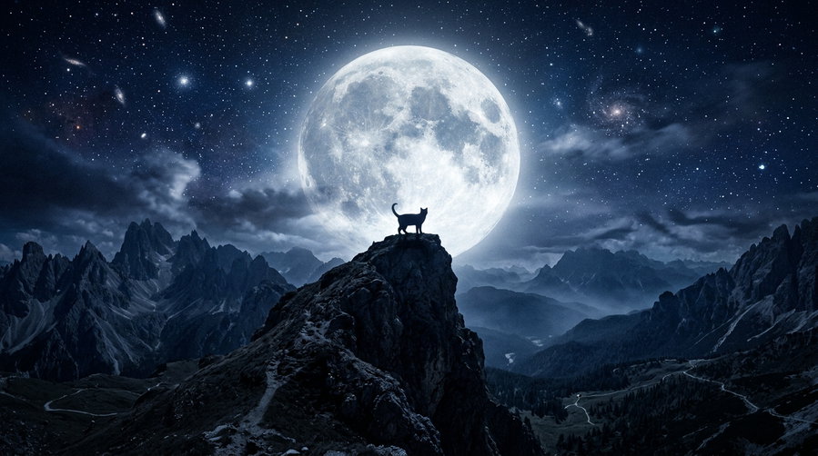 A silhouette of a cat standing on a mountain peak, illuminated by a bright full moon and surrounded by a starry sky and distant mountains.