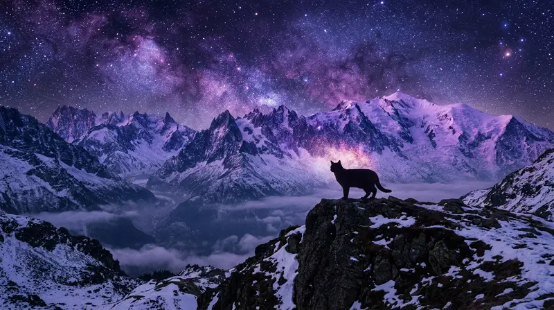 A silhouette of a cat against a starry night and mountains