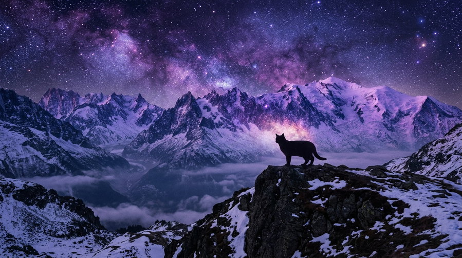 A dark silhouette of a cat standing on a rocky mountainside, with a starry night sky and colorful clouds above, showcasing a mystical atmosphere.