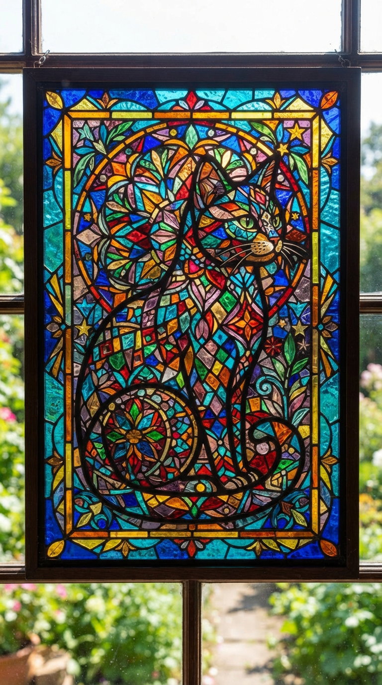 A stained glass window featuring a cat surrounded by intricate patterns and vibrant colors.