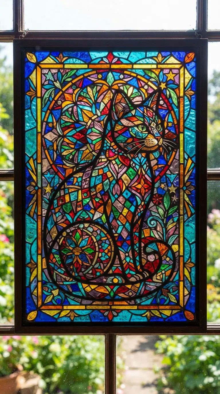 Colorful Stained Glass Cat with Decorative Patterns