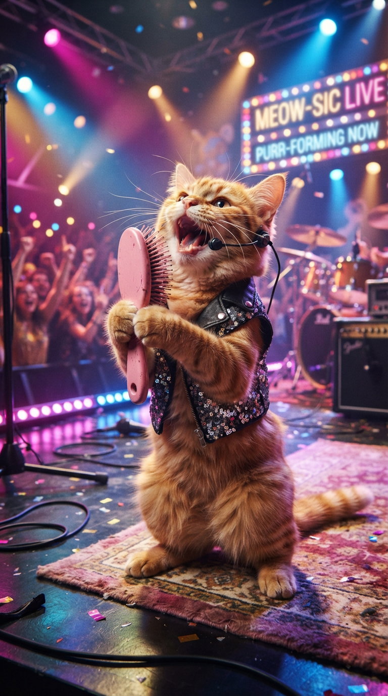 A ginger cat with a spiked vest stands on stage holding a hairbrush, simulating a microphone, with a lively audience in the background and colorful stage lights.