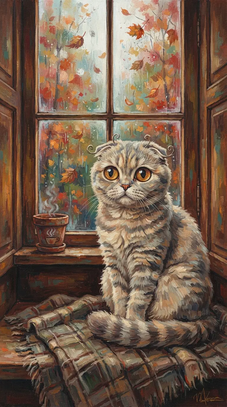 Charming Scottish Fold Cat by the Window in Autumn