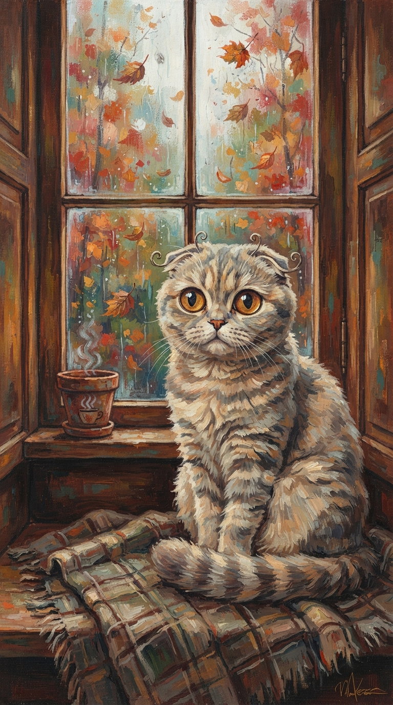 A Scottish Fold cat sitting on a blanket by a window, with autumn leaves visible outside.