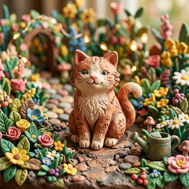 Charming Clay Cat Surrounded by Vibrant Flowers and Garden Décor