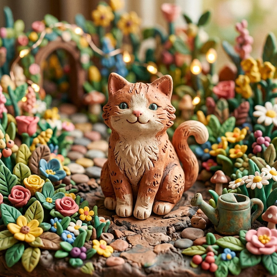 A cute clay cat figurine sitting among colorful flowers, small plants, and garden decorations, creating a whimsical garden scene.