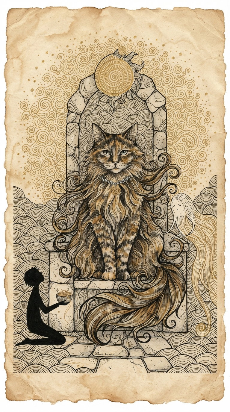 An illustrated majestic cat seated on a throne, surrounded by swirling patterns and a figure offering a bowl, depicting a mystical ambiance.