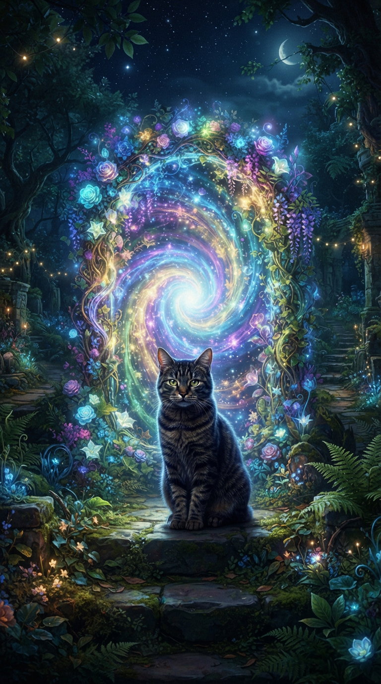 A serene tabby cat sitting on stone steps, framed by an enchanting, spiraling portal of colorful lights and flowers, amidst a dark, forested setting.