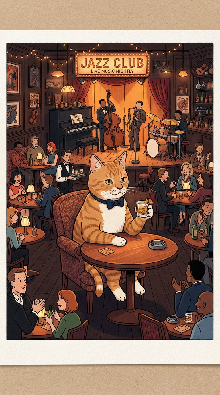 A large cat in a tuxedo sitting at a table in a jazz club, surrounded by people enjoying music and drinks, with a band playing on stage.