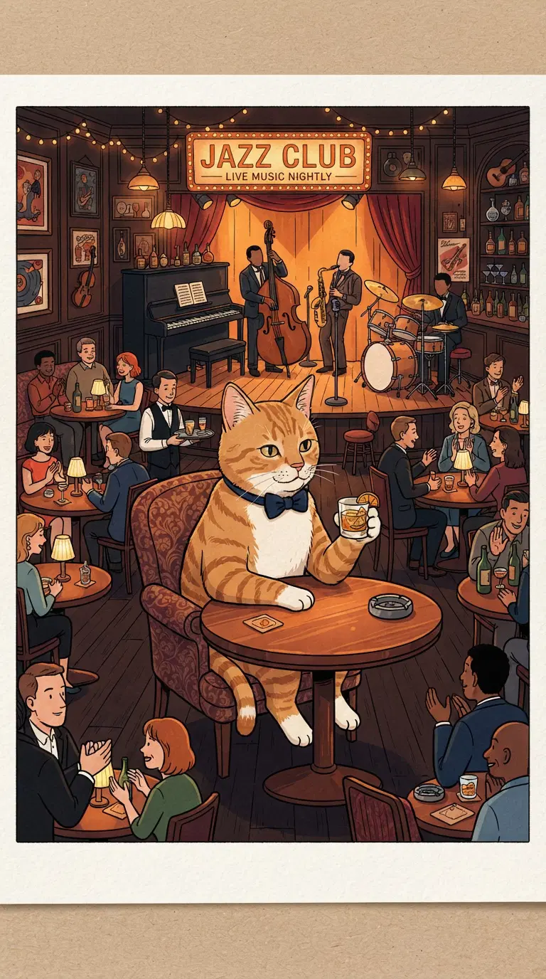 A charming cat in a jazz club setting, enjoying a drink