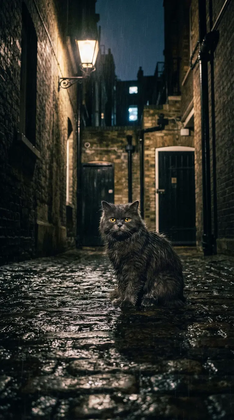 A Mysterious Cat in a Rainy Alley at Night