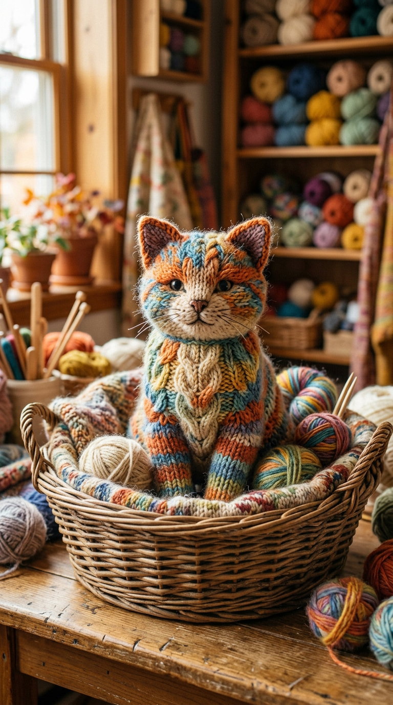 A colorful knitted cat seated in a woven basket, filled with various yarn balls, against a backdrop of shelves lined with more yarn.