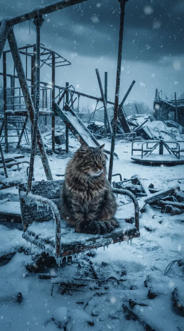 A Stray Cat on a Swing in an Abandoned Playground Amidst Snow