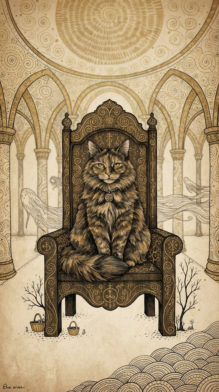 A detailed illustration of a large cat sitting on an ornate throne, surrounded by intricate architectural features and whimsical elements.