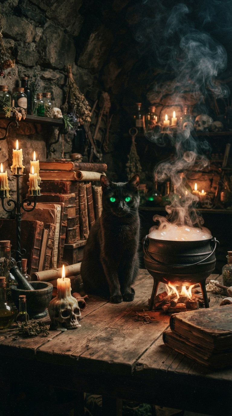 A black cat with glowing green eyes sits beside a bubbling cauldron in a dimly lit room filled with candles, old books, and various mystical items.