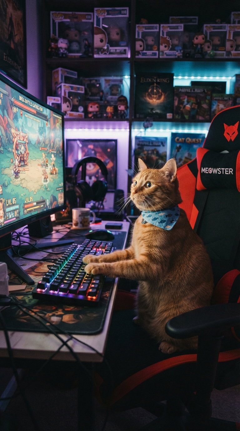 An orange cat wearing a blue bandana is seated at a gaming setup, pawing at a colorful keyboard while looking at the screen. The background features various gaming memorabilia and colorful lights.