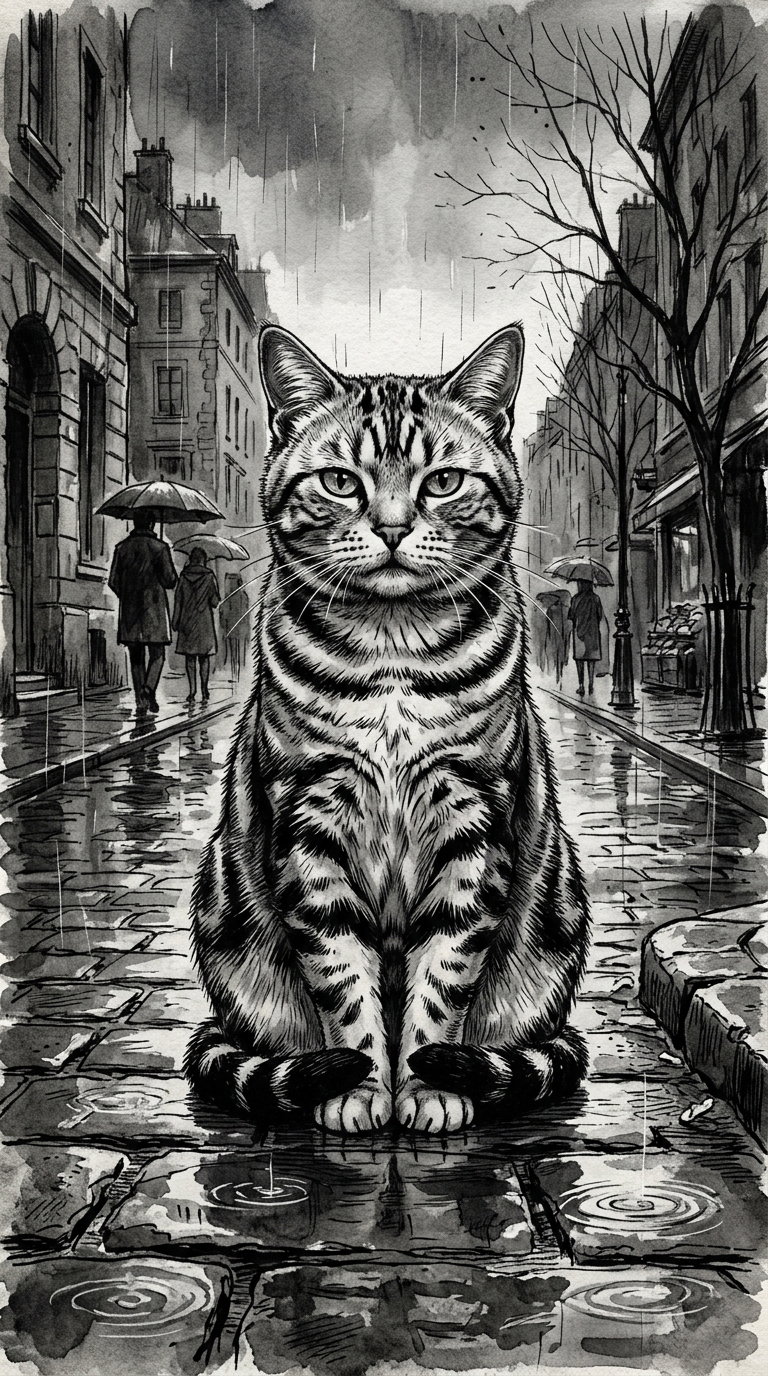 A detailed black and white illustration of a tabby cat sitting on a cobblestone street in the rain, with blurred figures holding umbrellas in the background.