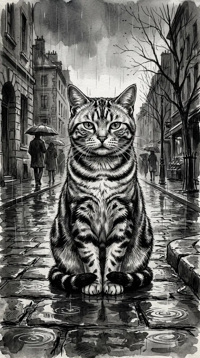 A Striking Cat Illustration in a Rainy Urban Setting