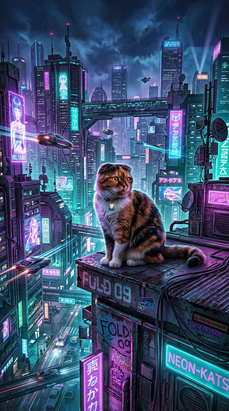 A futuristic city skyline illuminated by neon lights with a cat perched on a rooftop.