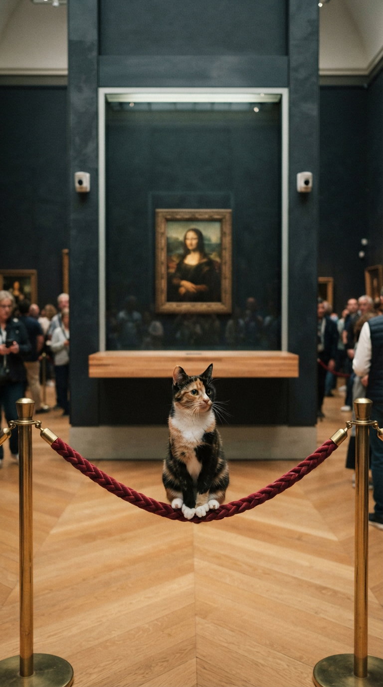A calico cat sitting on a red rope barrier in a museum, with the Mona Lisa painting in the background and visitors in the gallery.