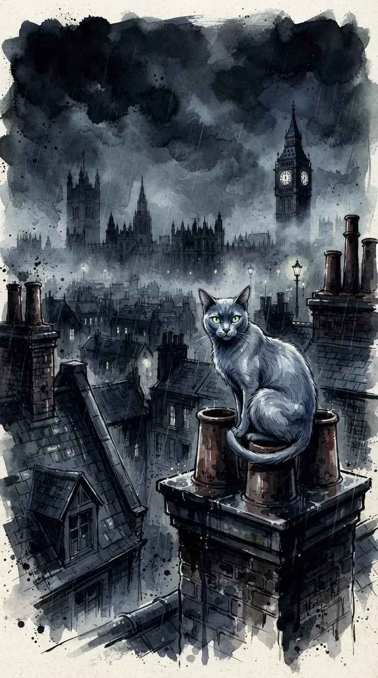 Gothic Cat Overlooking a Dark Cityscape