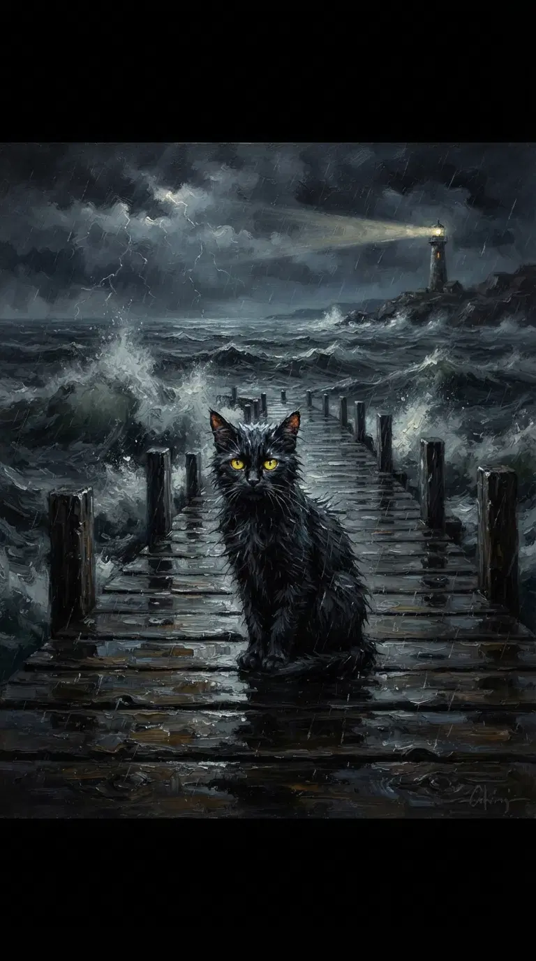 Mysterious Black Cat on a Stormy Dock Scene