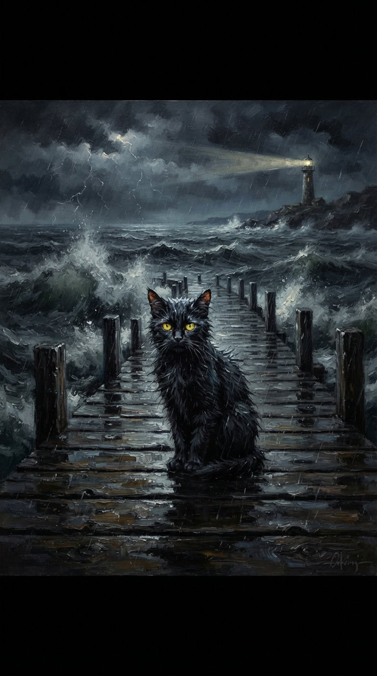 A black cat sits on a wet wooden dock during a storm, with turbulent waves and a lighthouse in the distance.
