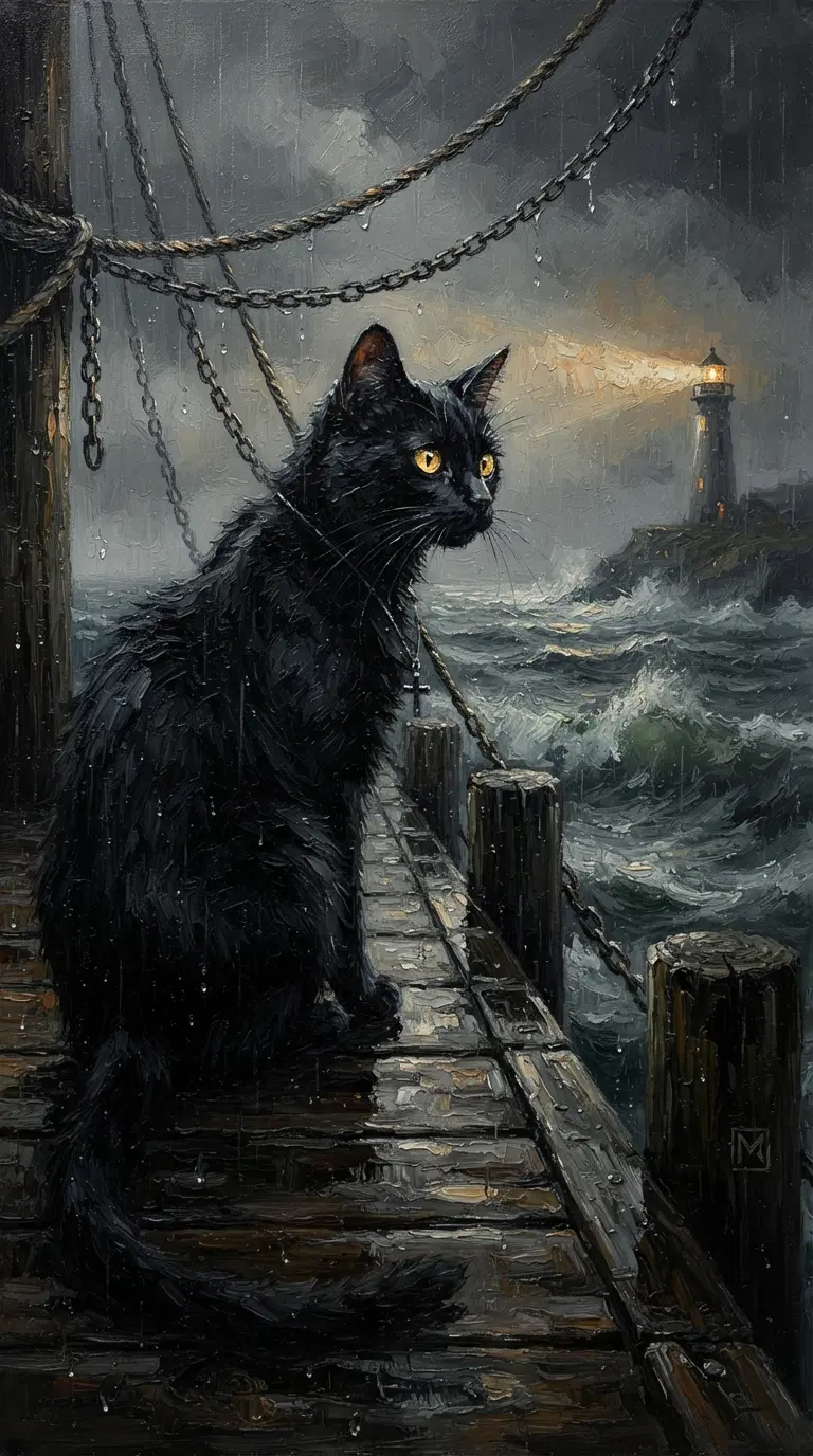 A Mystical Black Cat at a Stormy Lighthouse