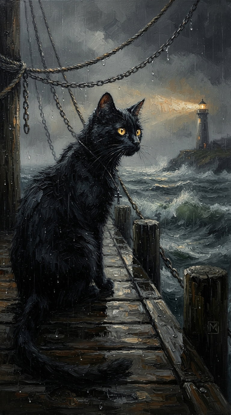 A black cat sits on a wooden pier during a storm, with raindrops visible. In the background, a lighthouse illuminates the dark, turbulent sea waves.