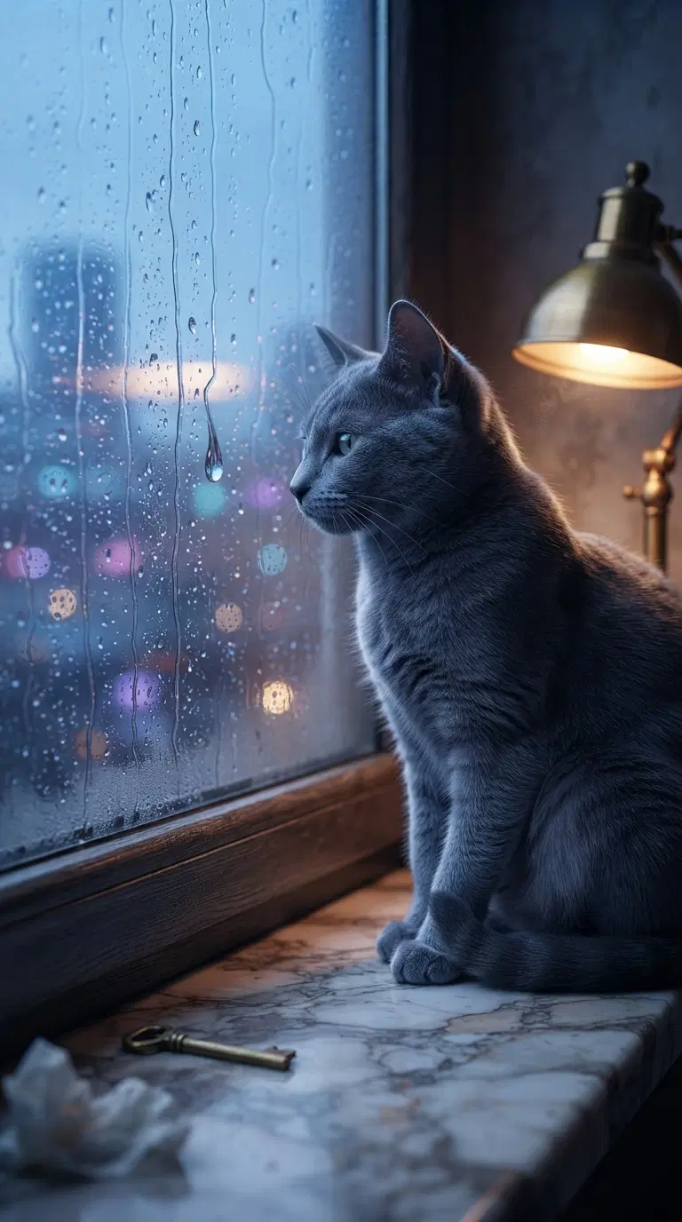 A contemplative gray cat gazing out at a rainy cityscape