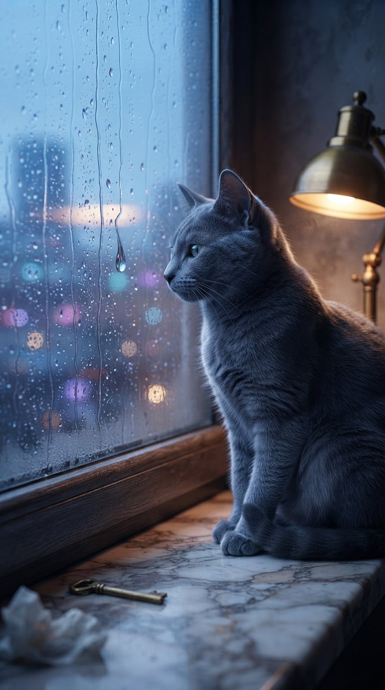 A gray cat sitting on a marble windowsill, looking out of a window with rain droplets, illuminated by a lamp.