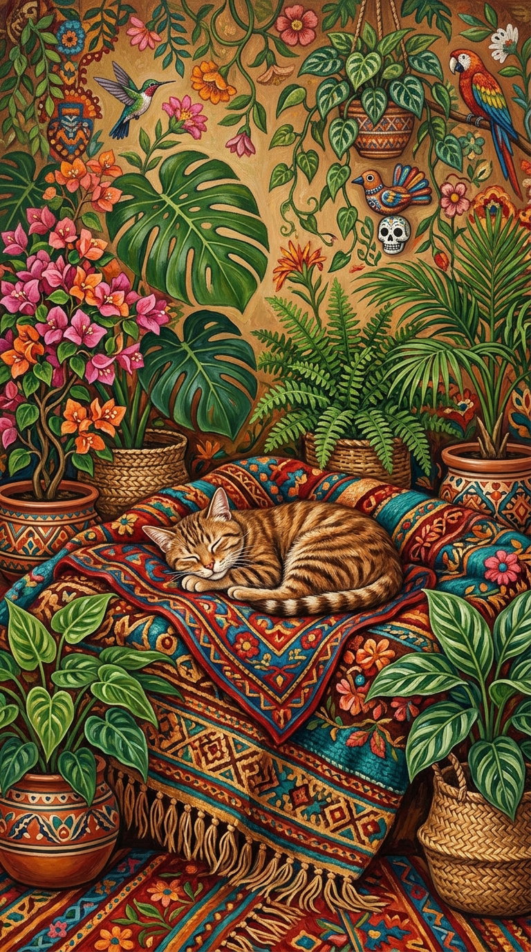 A sleeping orange tabby cat on a vibrant, patterned blanket surrounded by various colorful plants and flowers in a tropical setting.