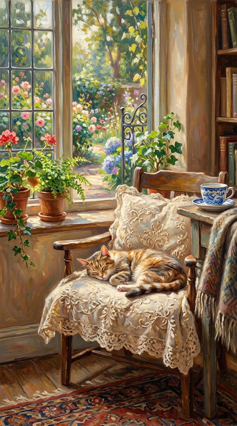 A serene indoor scene featuring a sleeping striped cat on a lace-covered chair by a window, surrounded by potted plants and a vibrant garden view outside.