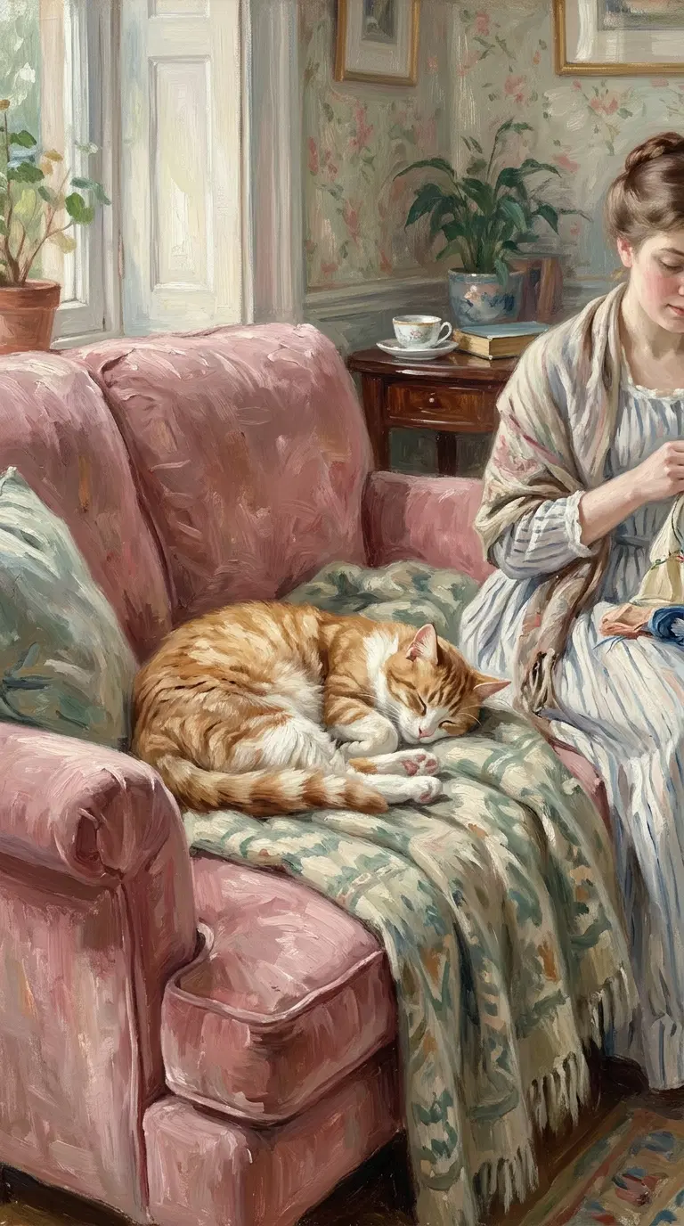 Ginger Cat Relaxing on a Cozy Couch with Woman Sewing