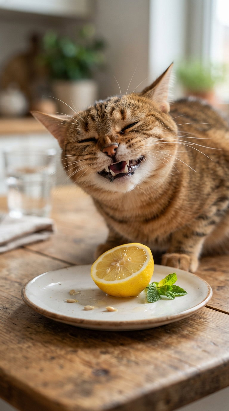 A happy cat with its mouth open sitting next to a lemon on a plate, surrounded by a wooden table and kitchen decor.