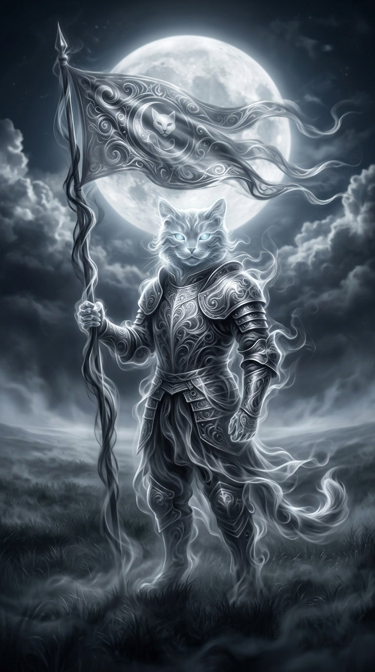 A knightly cat figure dressed in ornate armor, holding a flag, with a full moon and cloudy sky in the background.