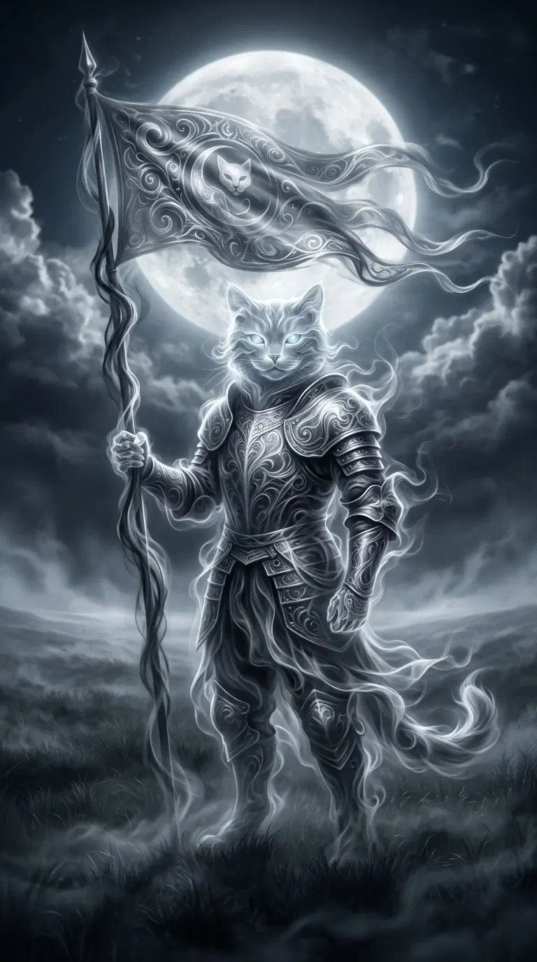 A Mystical Cat Knight Holding a Flag Under the Moonlight