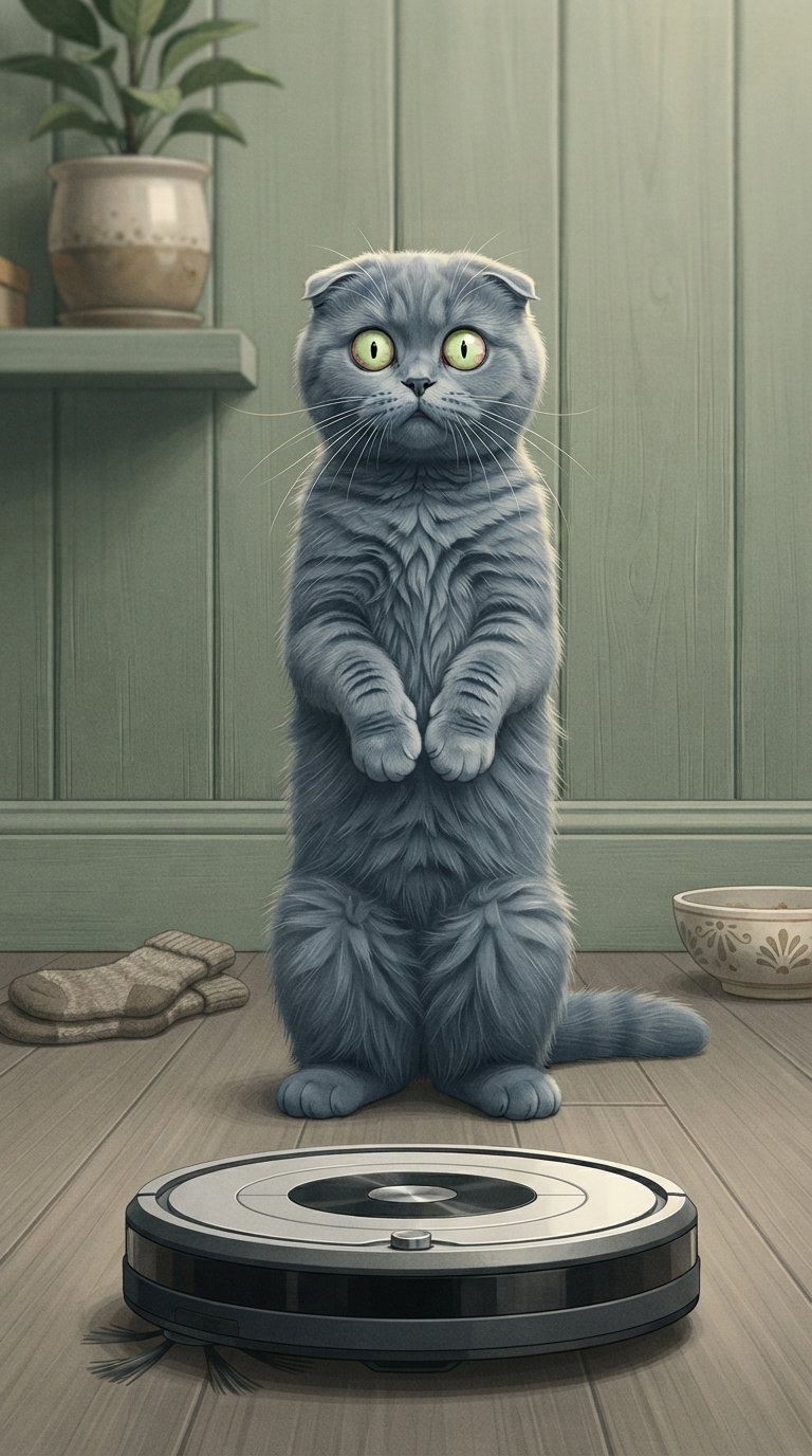 A surprised gray cat standing on its hind legs in front of a robot vacuum cleaner in a cozy room.