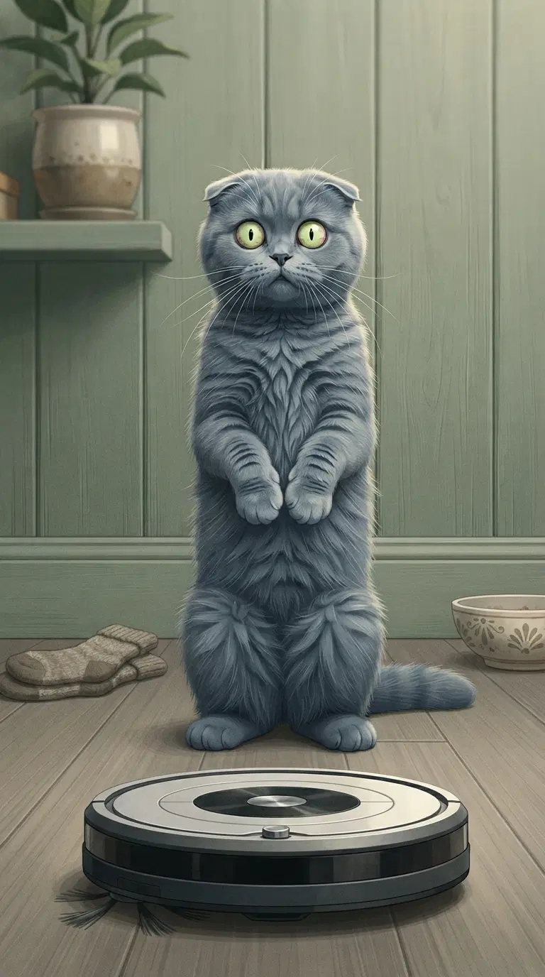 Surprised Cat Encountering a Robot Vacuum Cleaner
