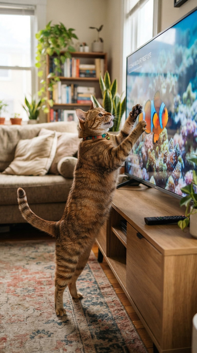 A striped tabby cat standing on its hind legs, reaching toward a TV displaying colorful fish. The background includes a cozy living room with plants, a couch, and a bookshelf.