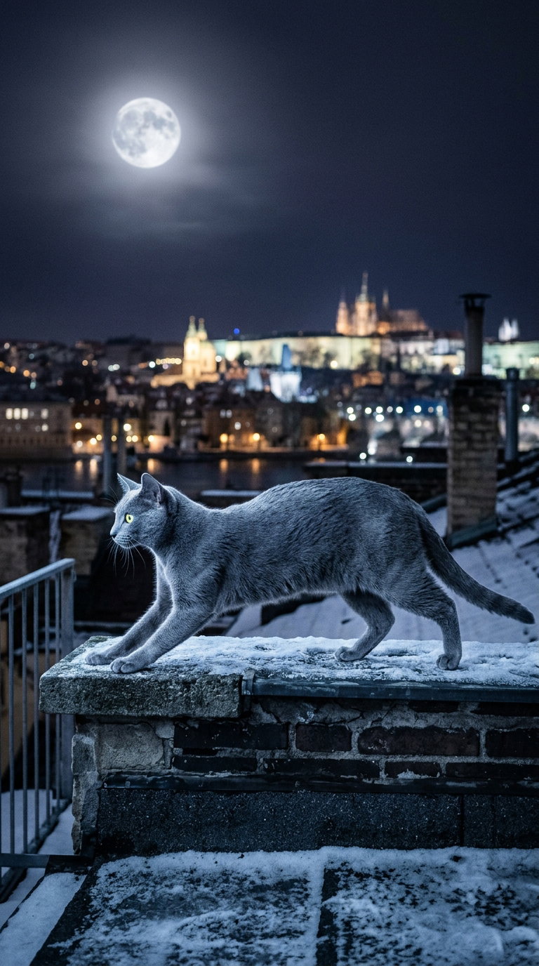 A gray Siberian cat walking on a snowy rooftop at night with a full moon and city skyline in the background.