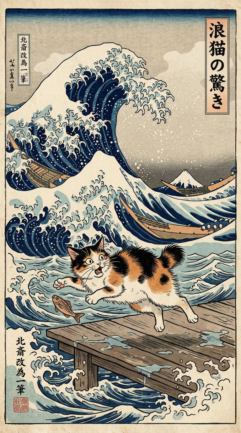 A calico cat on a pier startled by a large wave, with a fish in its mouth, in a vintage Japanese art style.