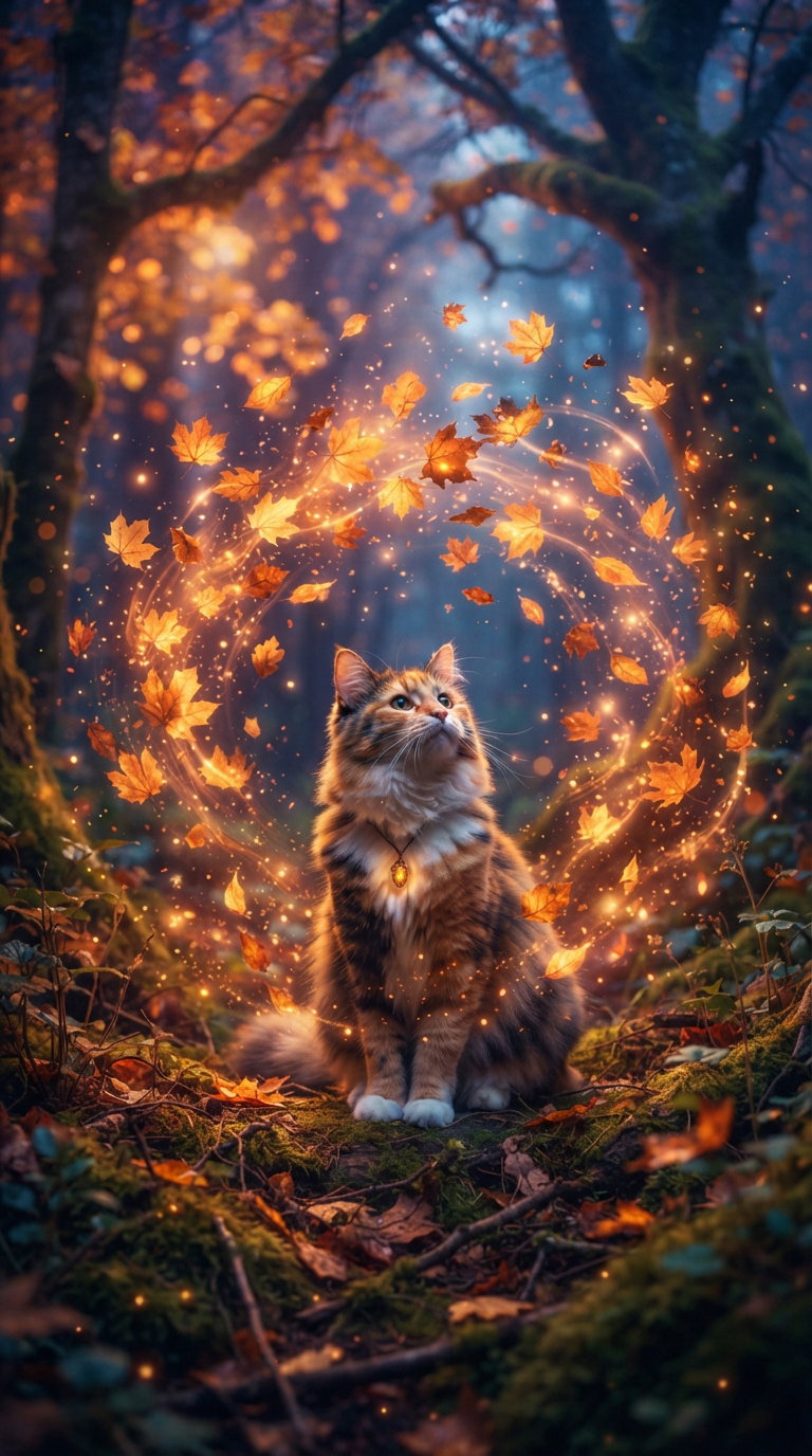 A fluffy cat sits gracefully in a forest surrounded by swirling leaves and glowing particles.