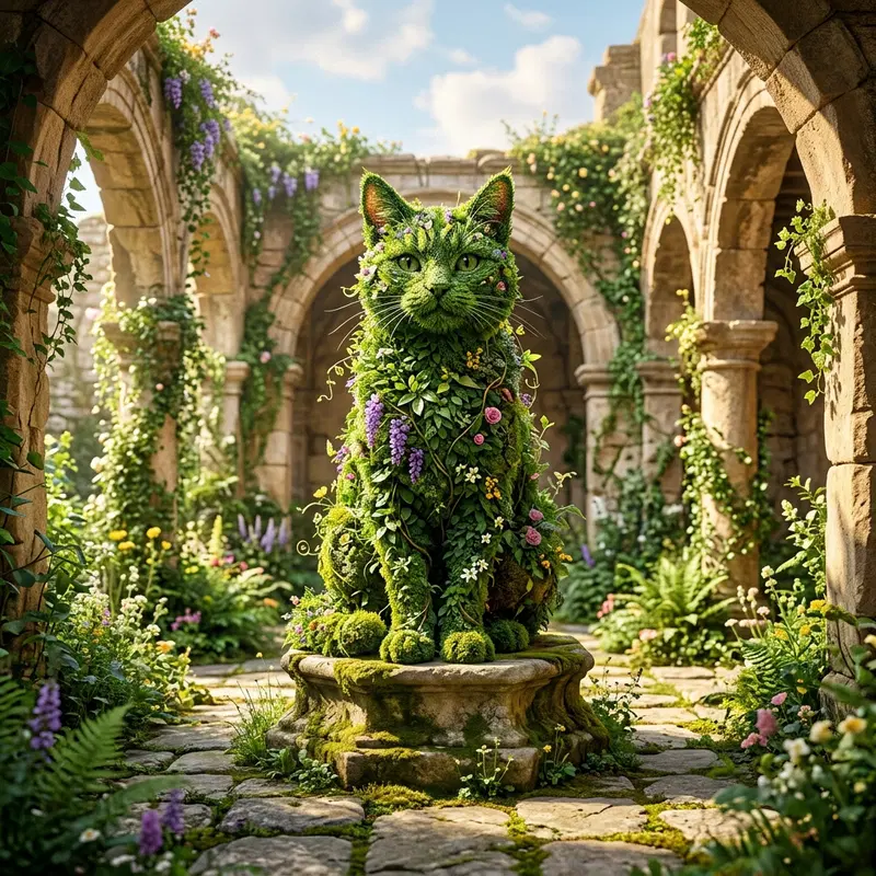 A Whimsical Cat Made of Nature in an Enchanted Garden