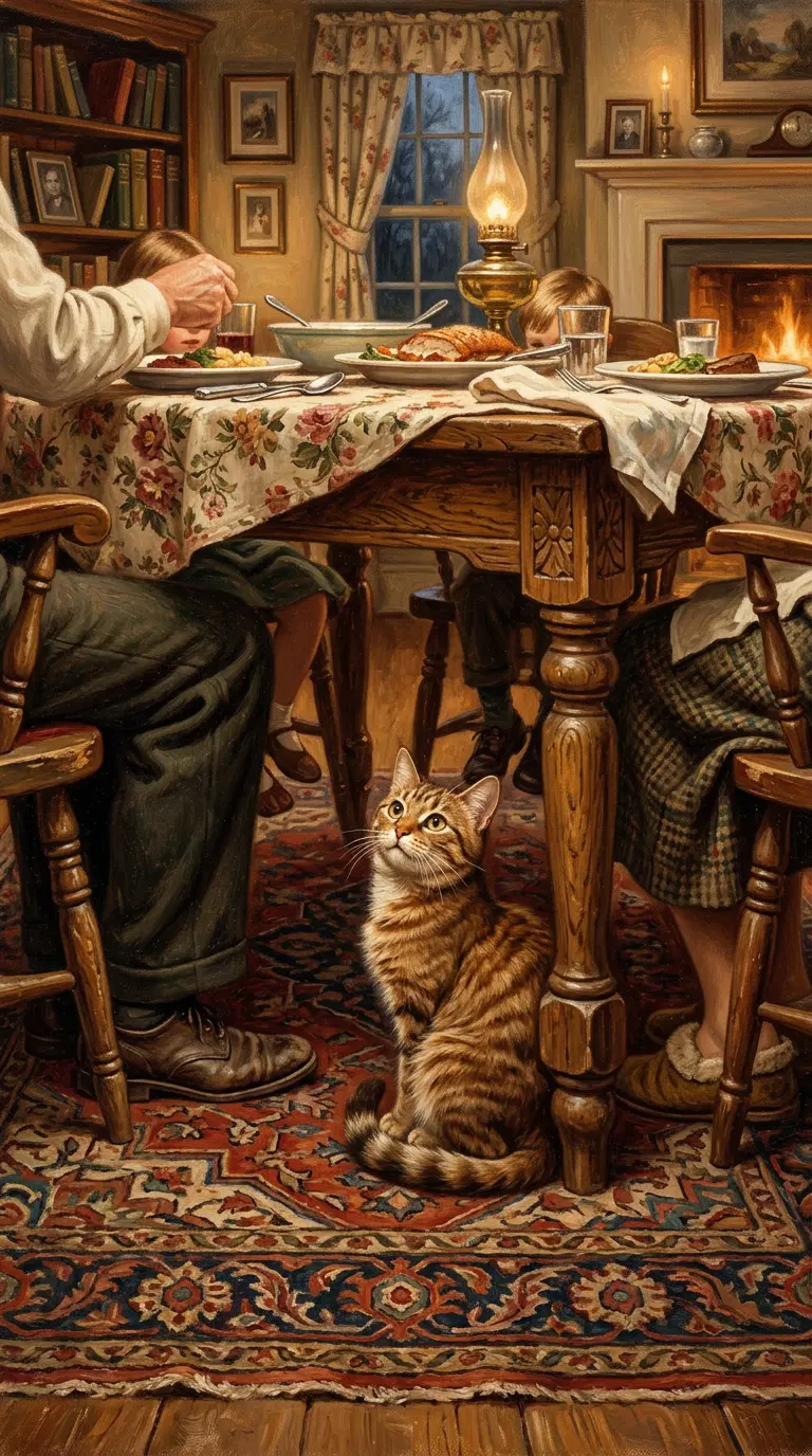 A Cozy Family Dinner with a Curious Cat Under the Table