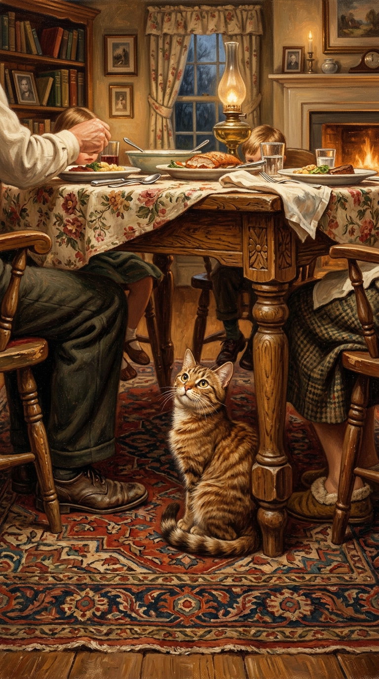 A family sitting around a dining table, with a charming orange tabby cat looking up from under the table.