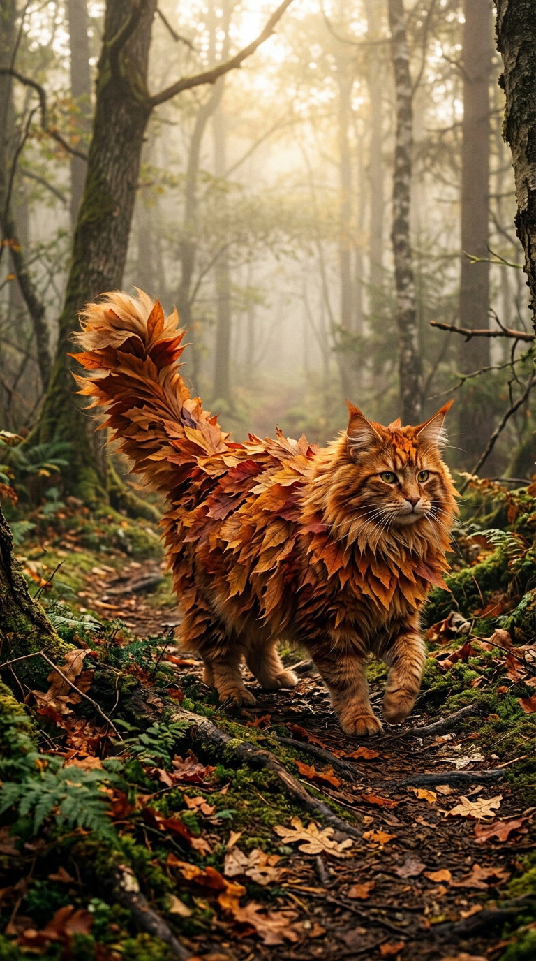 A fluffy orange cat walking on a forest path, surrounded by trees and covered in fall leaves.
