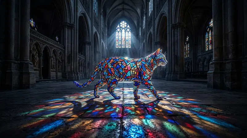 Stained Glass Cat Walking in a Sunlit Cathedral