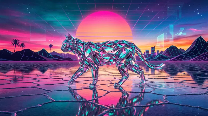 A Vibrant Retro Futuristic Cat in a Neon Landscape