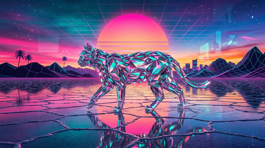 A stylized, holographic cat walking on a reflective surface with a colorful sunset backdrop, featuring neon colors and geometric shapes.